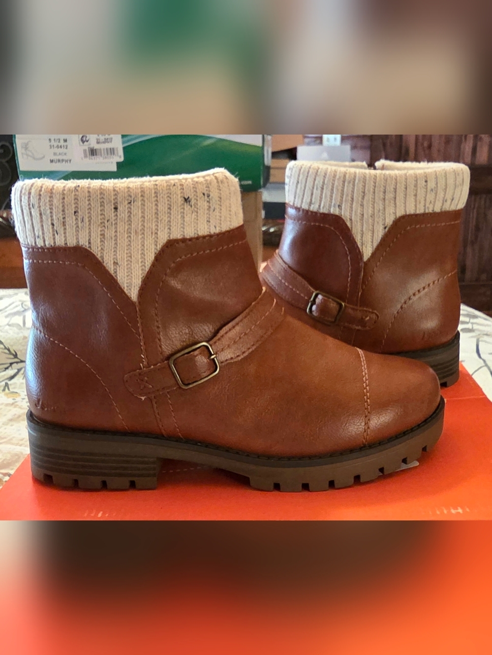 Women's Brown Knit-Cuff Ankle Booties with Buckle Detail